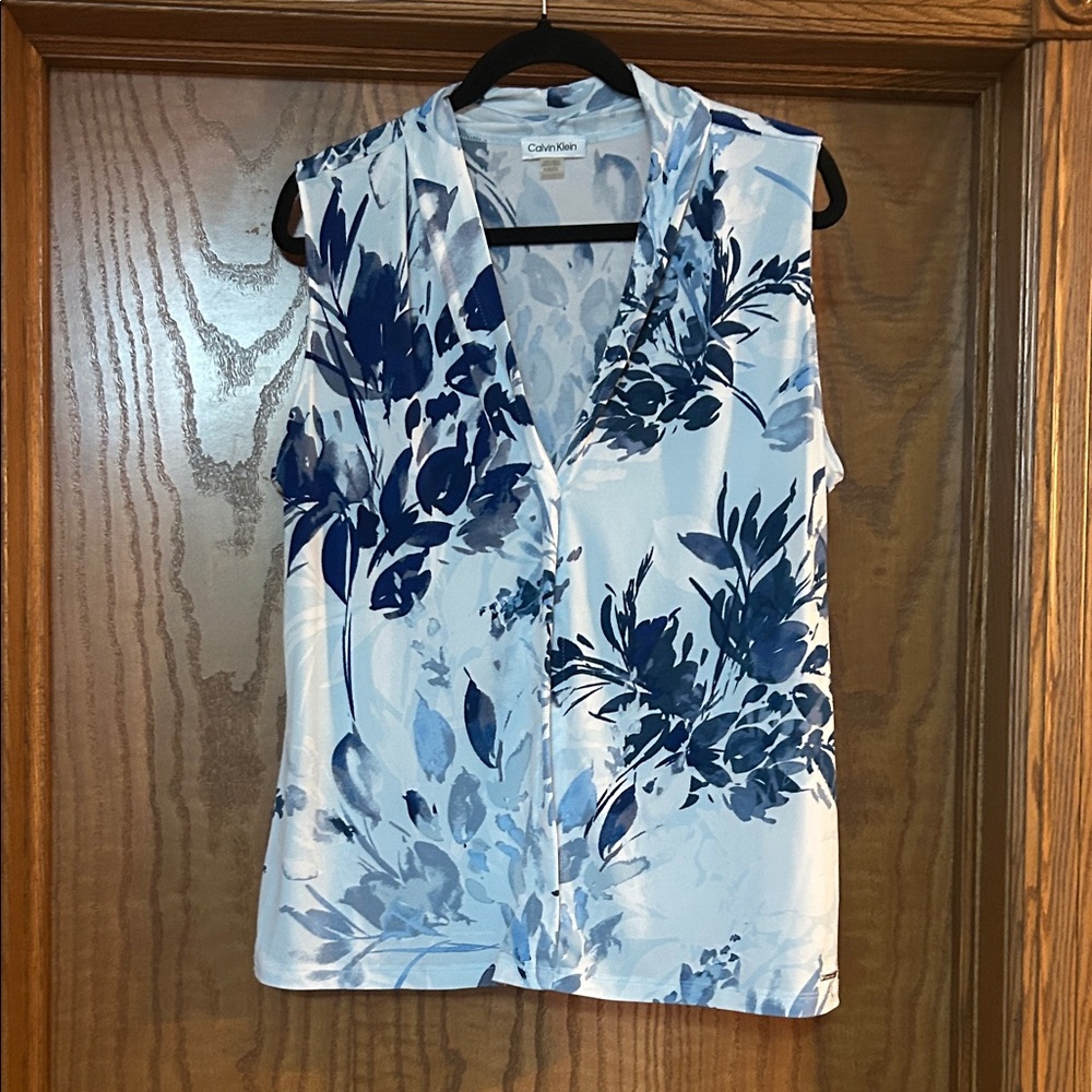 Calvin Klein Women's White and Blue Floral Blouse